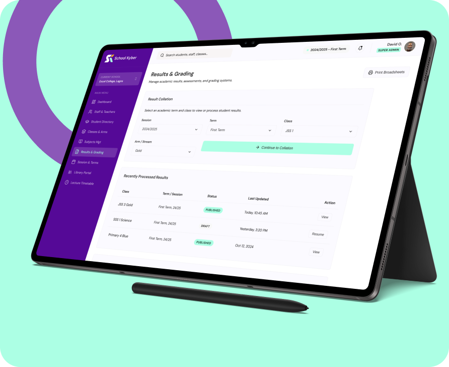 SchoolKyber admin workspace on tablet